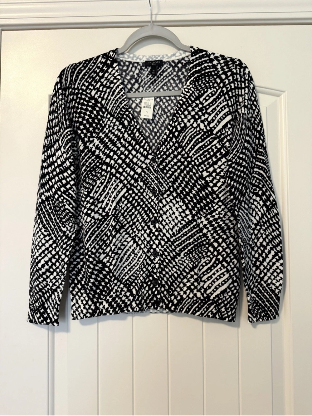 Talbots Petite Long Sleeve Button Down Black/white Cotton Blend Cardigan Size SP